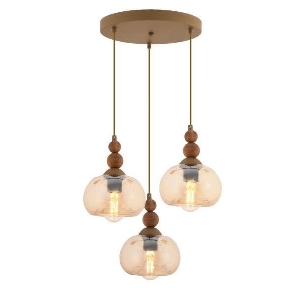 Vinta 3'lü Yuvarlak Eskitme Ahşap Detaylı Bohem Salon Sarkıt Avize