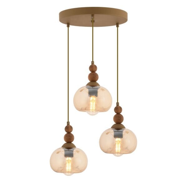 Vinta 3'lü Yuvarlak Eskitme Ahşap Detaylı Bohem Salon Sarkıt Avize