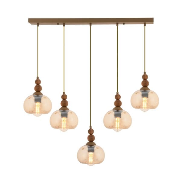 Vinta 5'li Sıralı Eskitme Ahşap Detaylı Bohem Salon Sarkıt Avize