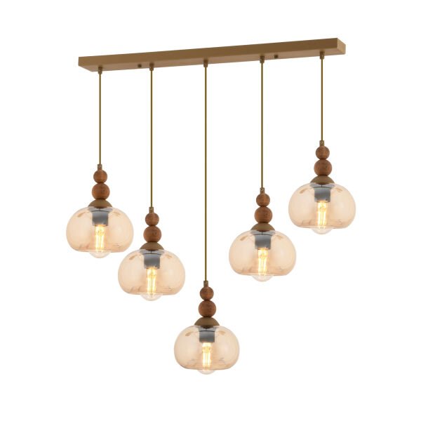 Vinta 5'li Sıralı Eskitme Ahşap Detaylı Bohem Salon Sarkıt Avize