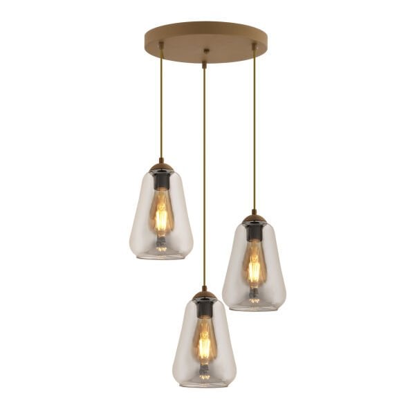 Rita 3'lü Yuvarlak Eskitme Füme Camlı Modern Salon Sarkıt Avize