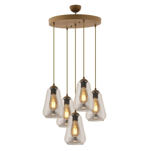 Rita 5'li Yuvarlak Eskitme Füme Camlı Modern Salon Sarkıt Avize