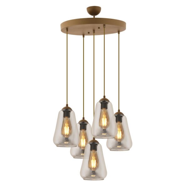 Rita 5'li Yuvarlak Eskitme Füme Camlı Modern Salon Sarkıt Avize