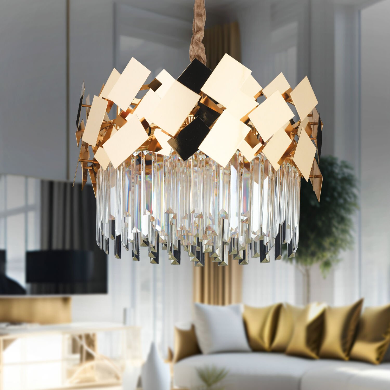 Roshan 50'lik Yuvarlak Gold Kristal Taşlı Modern Oturma Odası Salon Sarkıt Avize