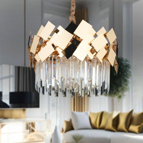 Roshan 50'lik Yuvarlak Gold Kristal Taşlı Modern Oturma Odası Salon Sarkıt Avize