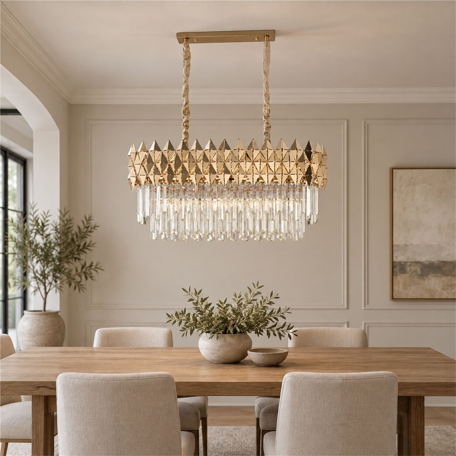 Rodya 80'lik Sıralı Gold Kristal Taşlı Modern Yemek Odası Salon Sarkıt Avize