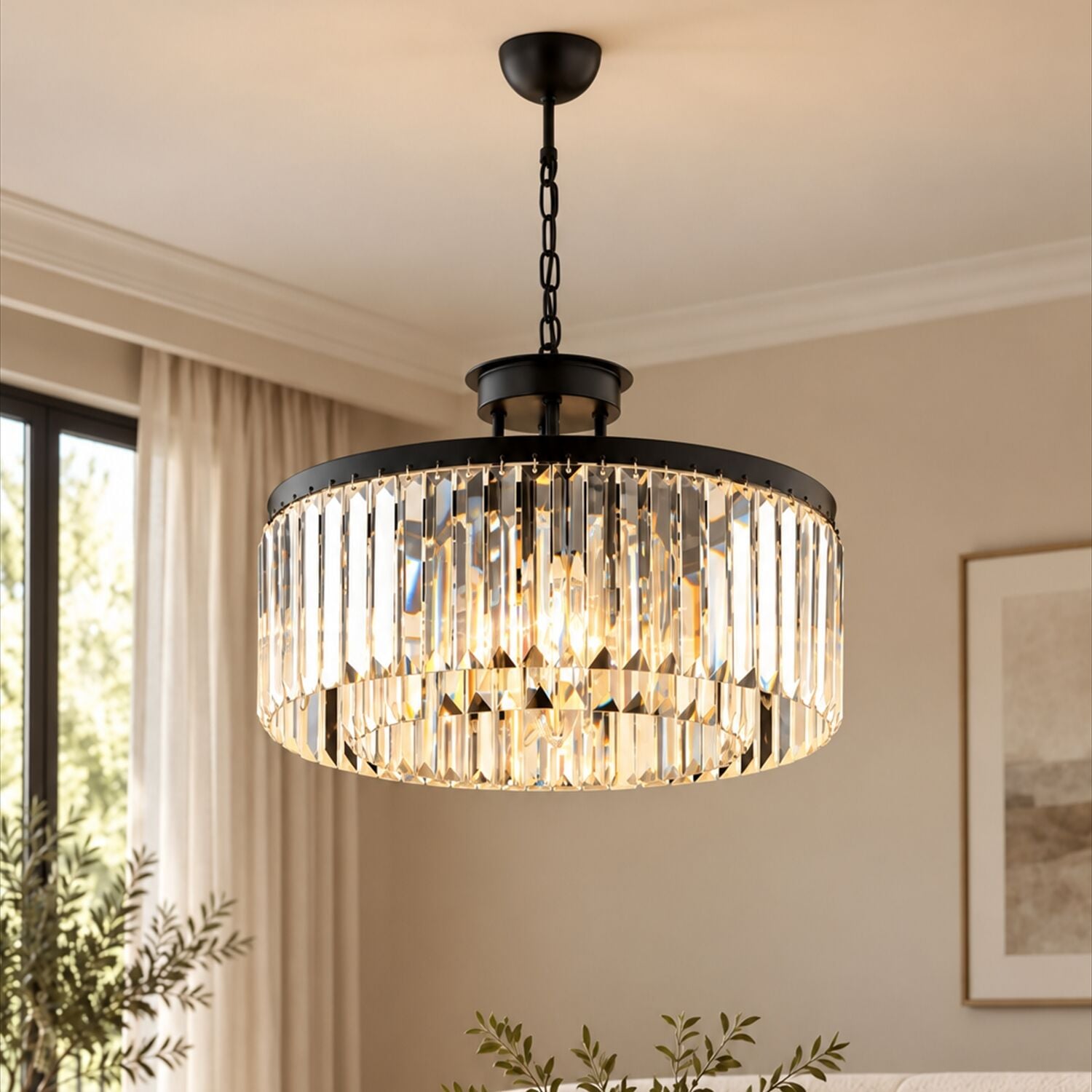 Kanvas 45'Lik Siyah Kristalli Taşlı Modern Tasarım Kristal Salon Avize