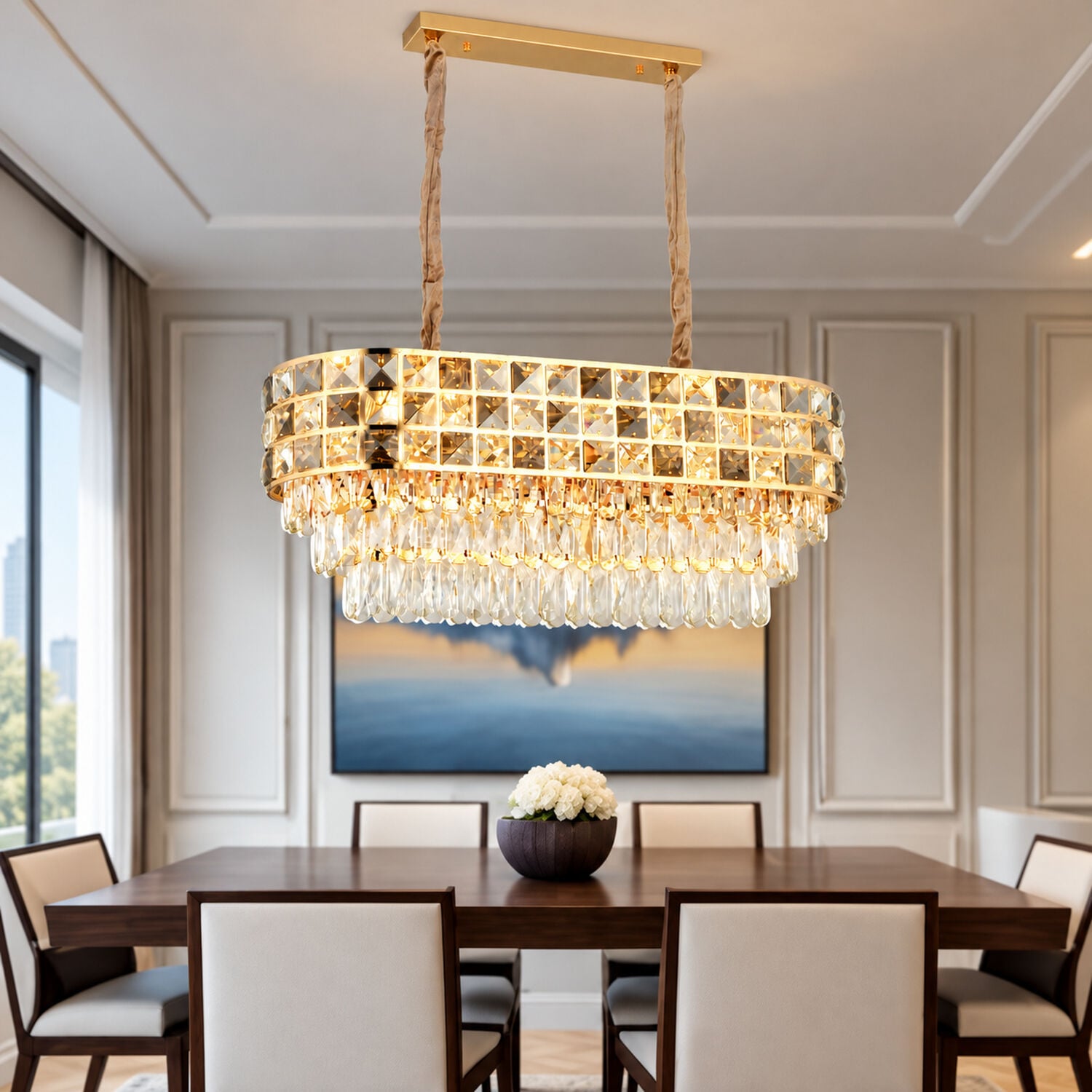 Orrel 10'lu Sıralı Gold Kristal Taşlı Modern Yemek Odası Salon Sarkıt Avize