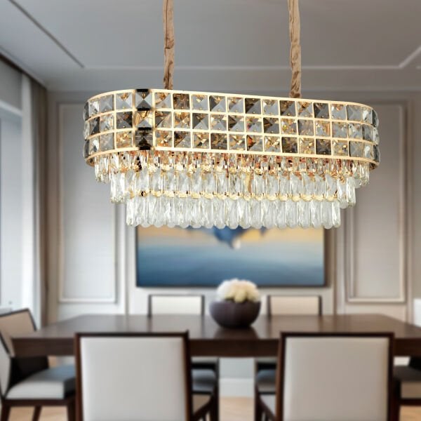 Orrel 10'lu Sıralı Gold Kristal Taşlı Modern Yemek Odası Salon Sarkıt Avize