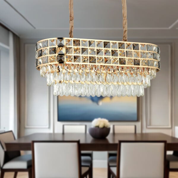 Orrel 10'lu Sıralı Gold Kristal Taşlı Modern Yemek Odası Salon Sarkıt Avize