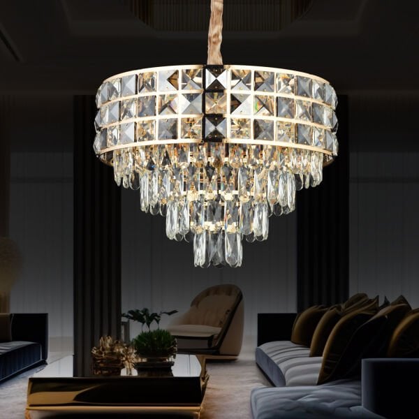Orrel 6'lı Gold Kristal Taşlı Modern Oturma Odası Salon Sarkıt Avize