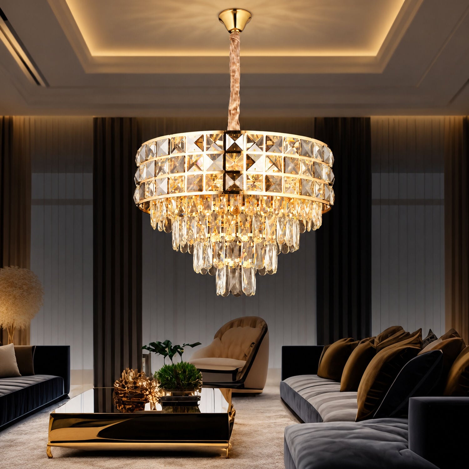 Orrel 8'li Gold Kristal Taşlı Modern Oturma Odası Salon Sarkıt Avize