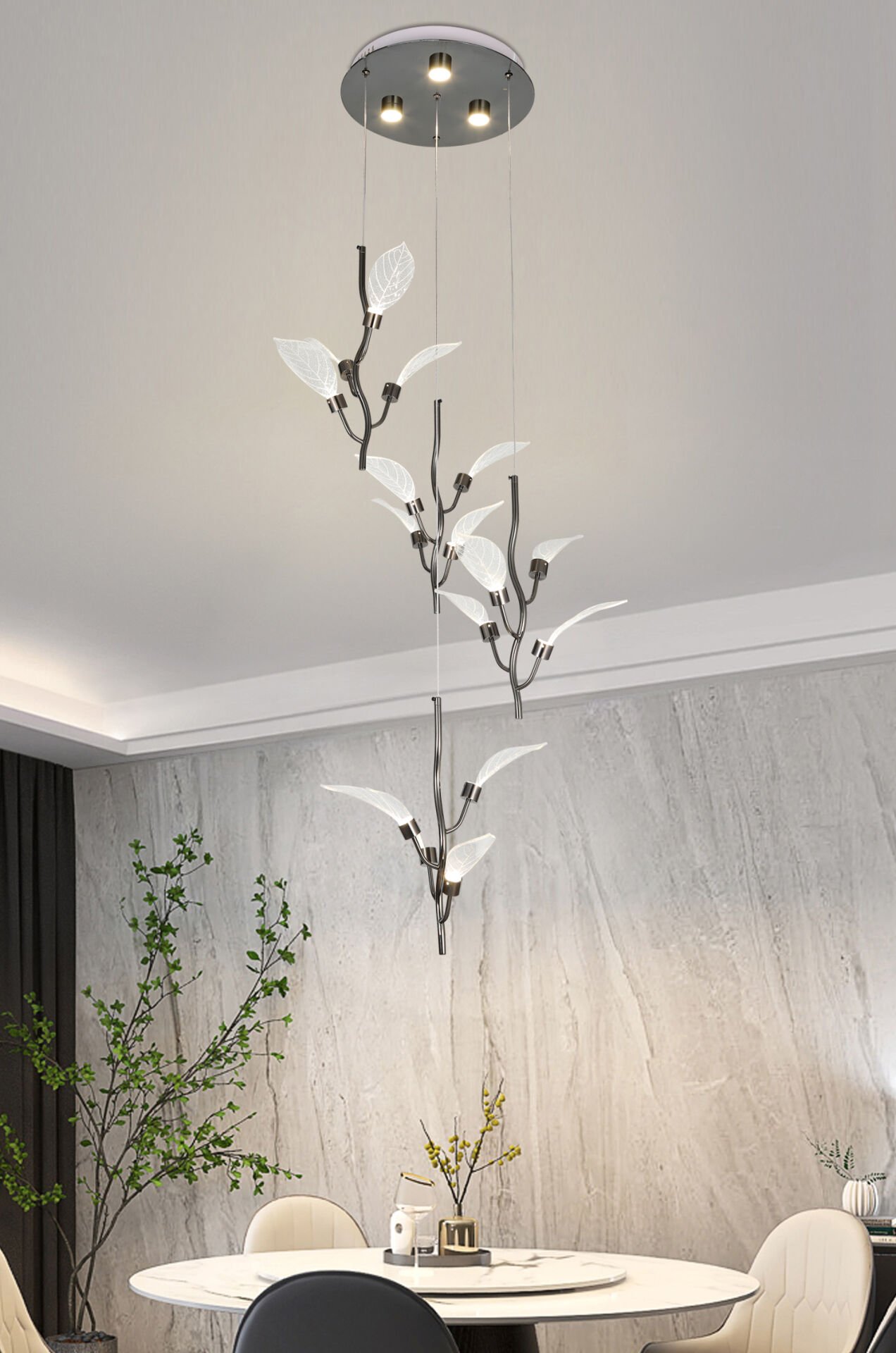 Liria 4'lü Platin Yaprak Desenli Sarkıt Led Avize