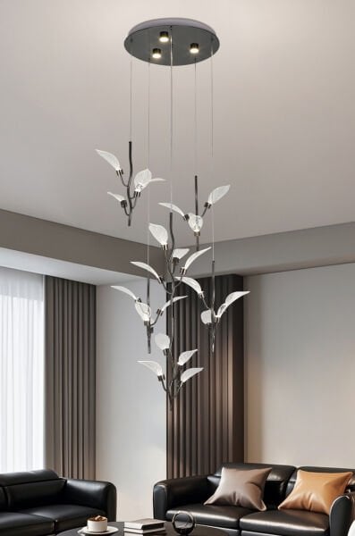 Liria 6'lı Platin Yaprak Desenli Sarkıt Led Avize