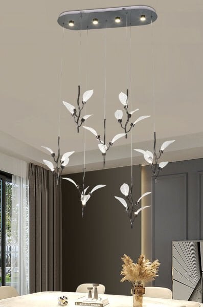 Liria 7'li Platin Yaprak Desenli Sarkıt Led Avize