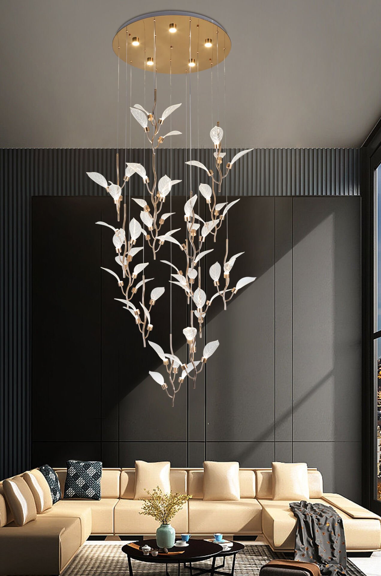 Liria 15'li Gold Yaprak Desenli Sarkıt Led Avize