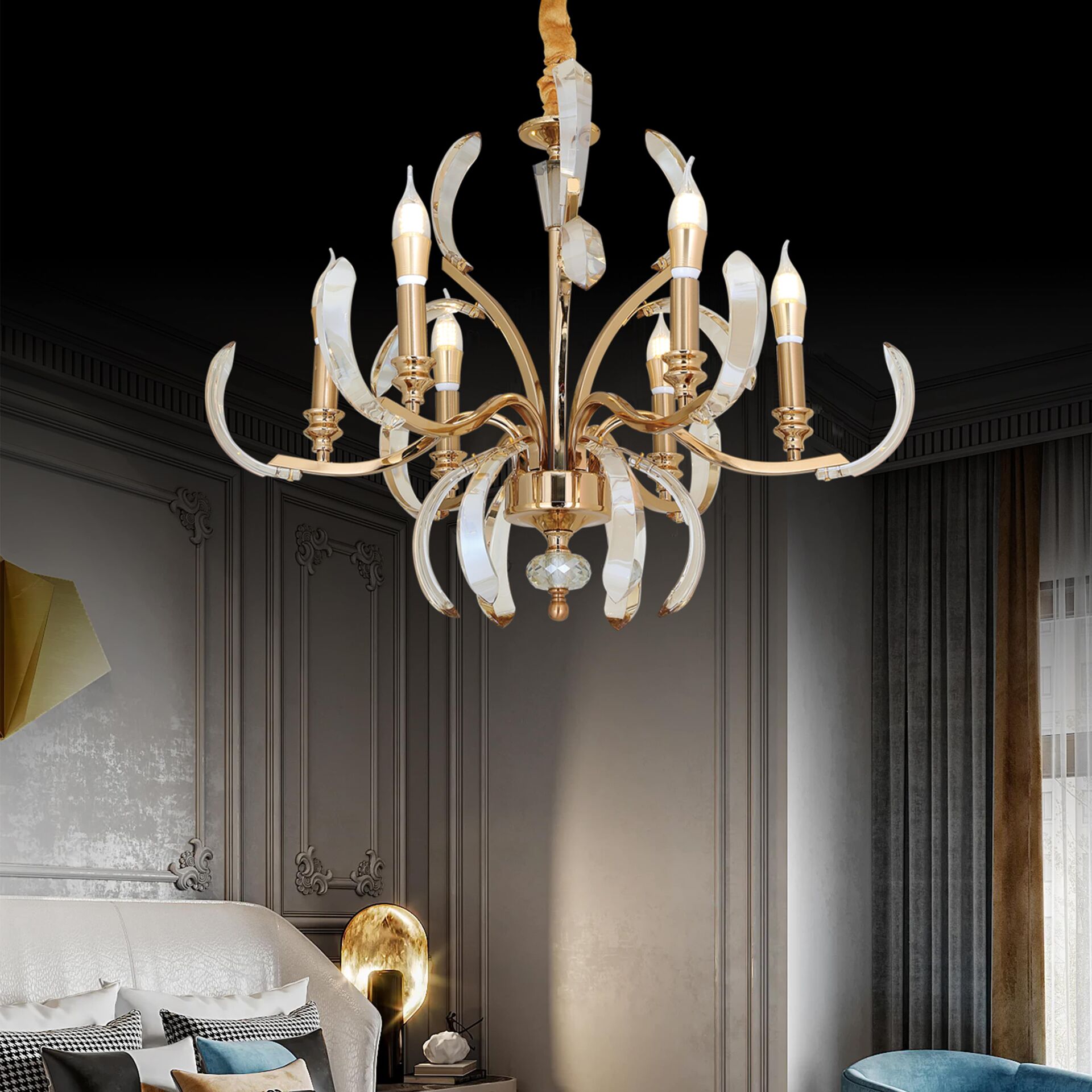 Ronja 6'lı Bakır Eskitme Kristal Taşlı Avangart Salon Avize