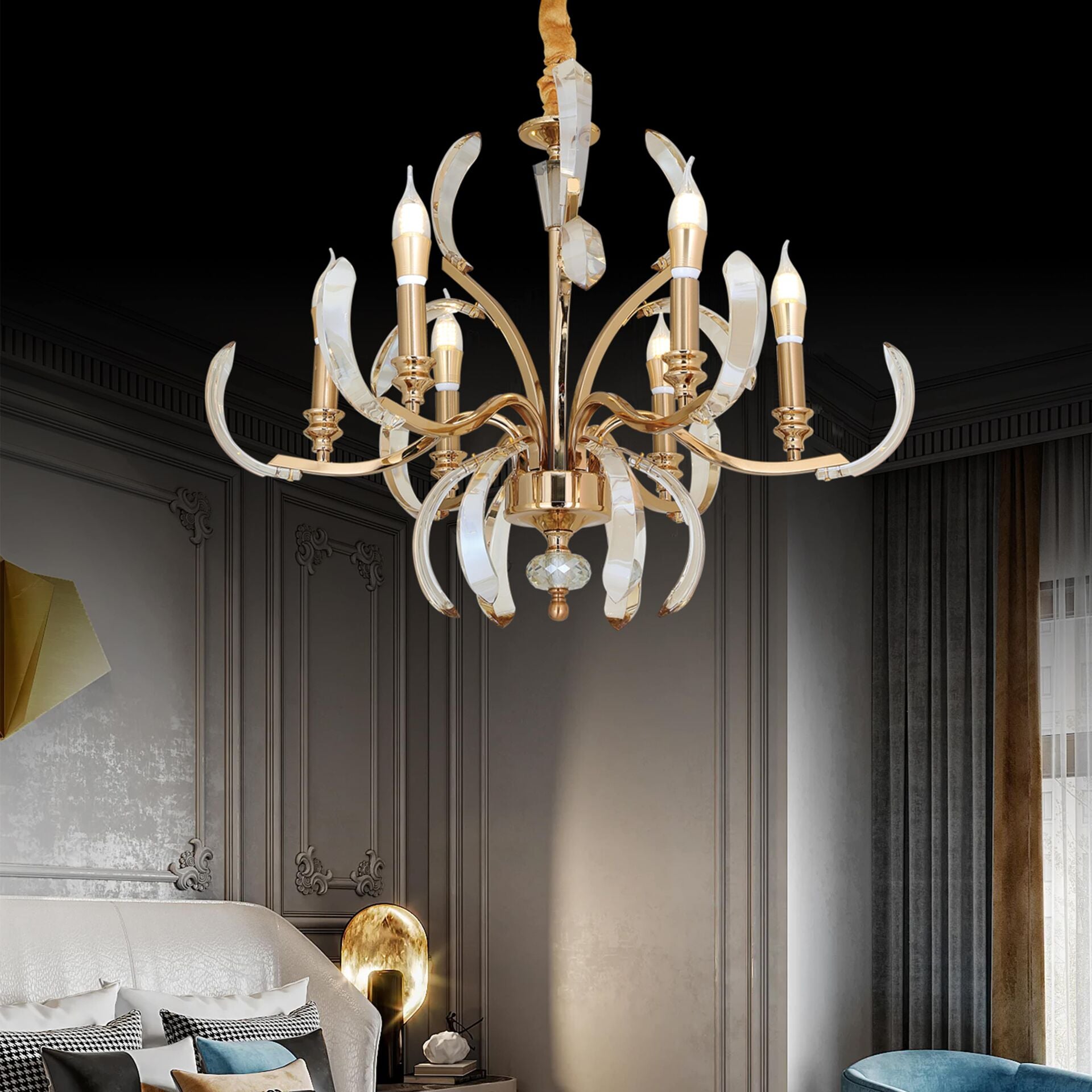 Ronja 6'lı Bakır Eskitme Kristal Taşlı Avangart Salon Avize