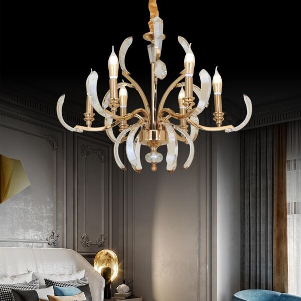 Ronja 6'lı Bakır Eskitme Kristal Taşlı Avangart Salon Avize