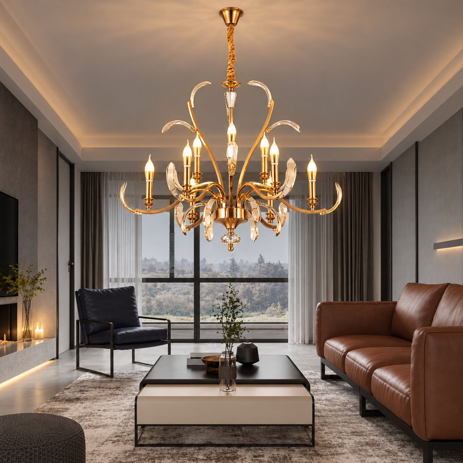 Ronja 9'lu Bakır Eskitme Kristal Taşlı Avangart Salon Avize