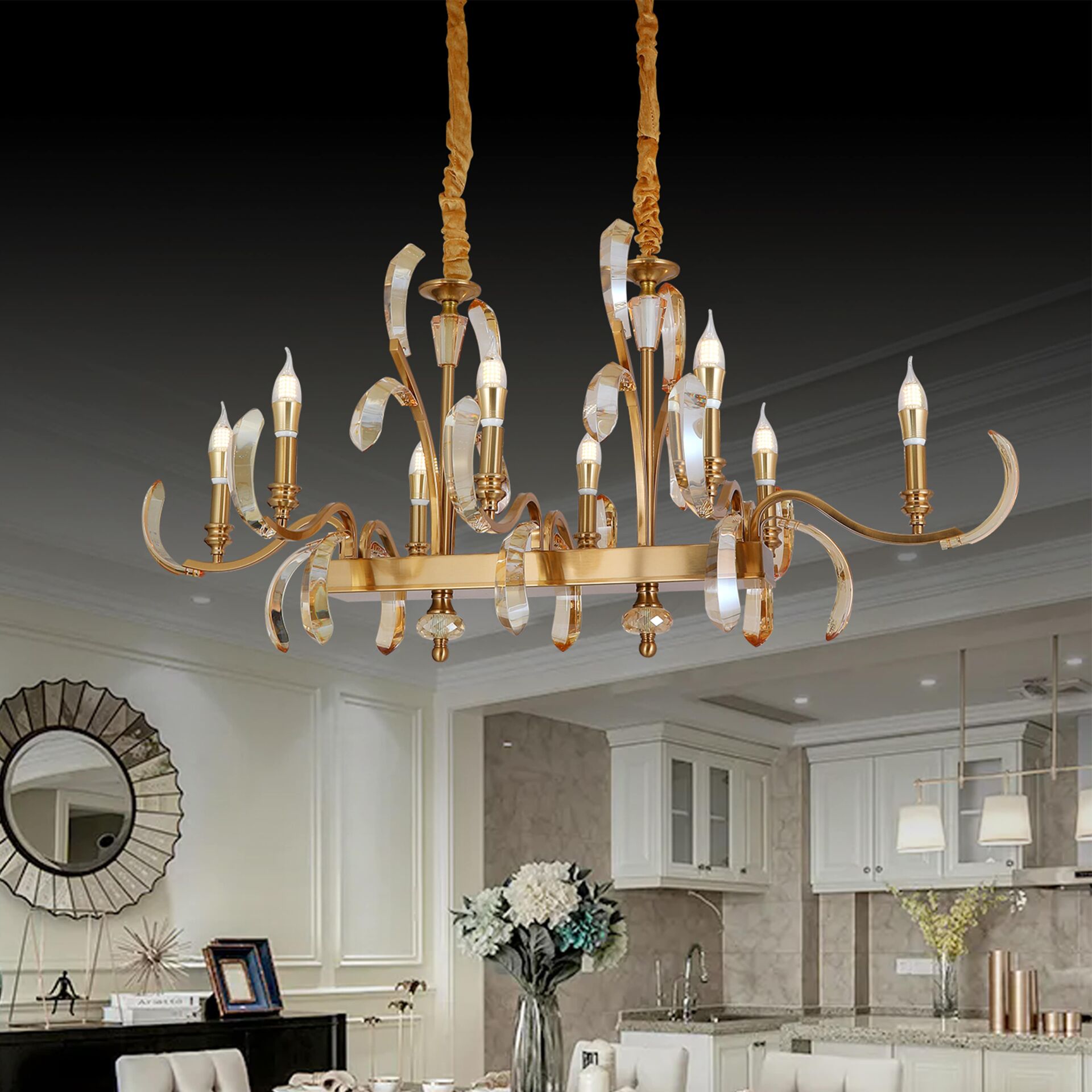 Ronja 8'li Yemek Masası Üstü Sıralı Bakır Eskitme Kristal Taşlı Avangart Salon Avize