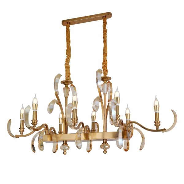 Ronja 8'li Yemek Masası Üstü Sıralı Bakır Eskitme Kristal Taşlı Avangart Salon Avize