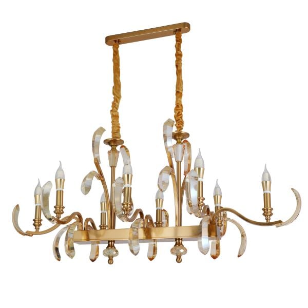 Ronja 8'li Yemek Masası Üstü Sıralı Bakır Eskitme Kristal Taşlı Avangart Salon Avize