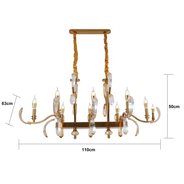 Ronja 8'li Yemek Masası Üstü Sıralı Bakır Eskitme Kristal Taşlı Avangart Salon Avize