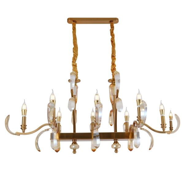 Ronja 8'li Yemek Masası Üstü Sıralı Bakır Eskitme Kristal Taşlı Avangart Salon Avize