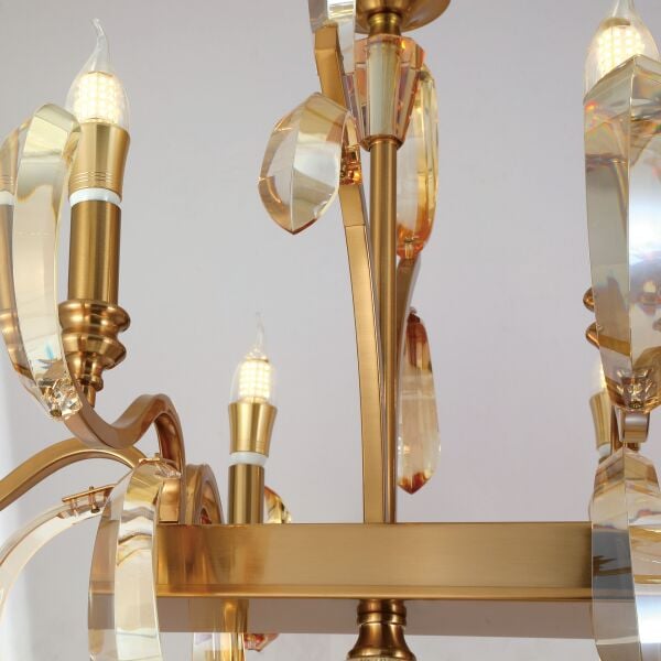 Ronja 8'li Yemek Masası Üstü Sıralı Bakır Eskitme Kristal Taşlı Avangart Salon Avize