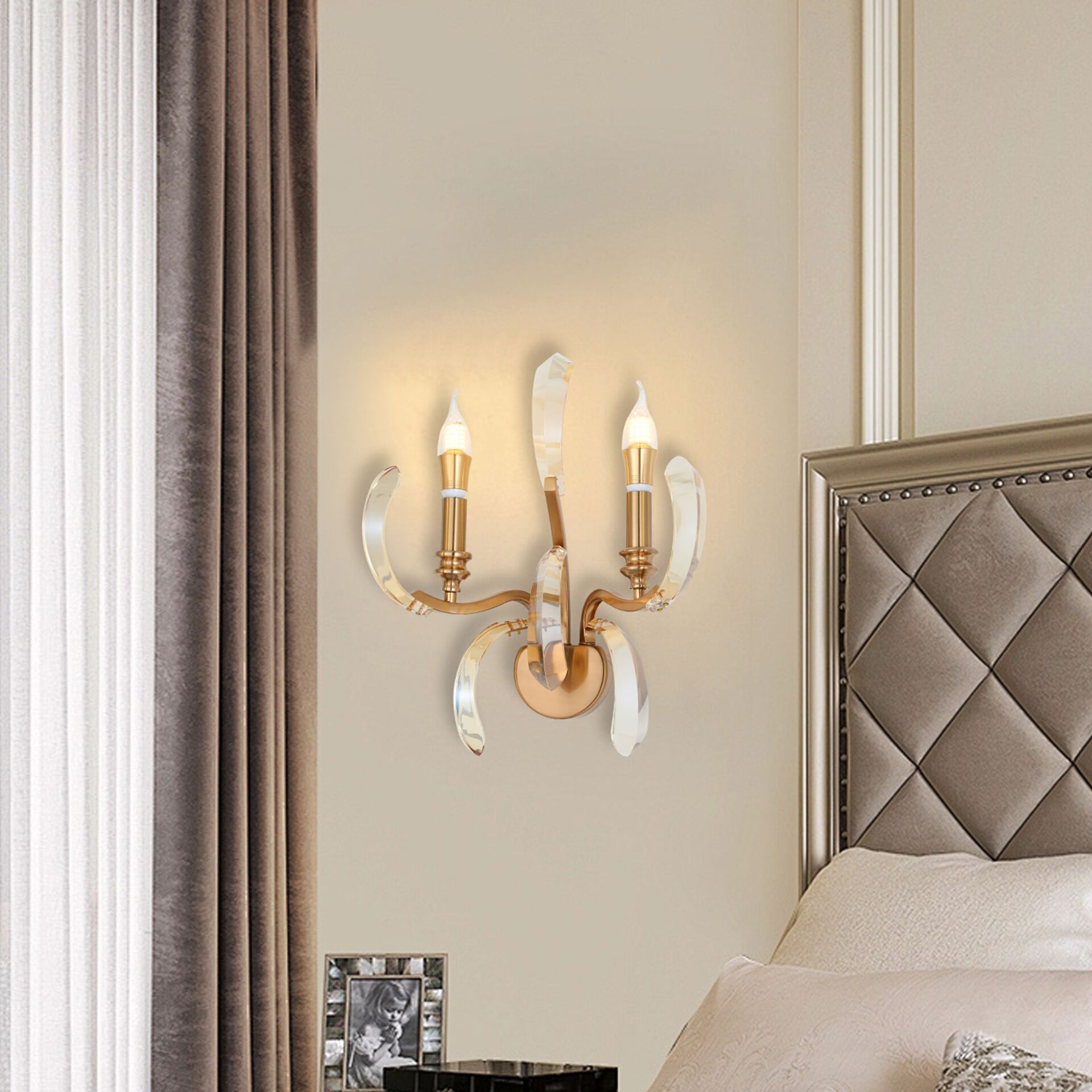 Ronja 2'li Bakır Eskitme Kristal Taşlı Yatak Başı, Salon Aplik