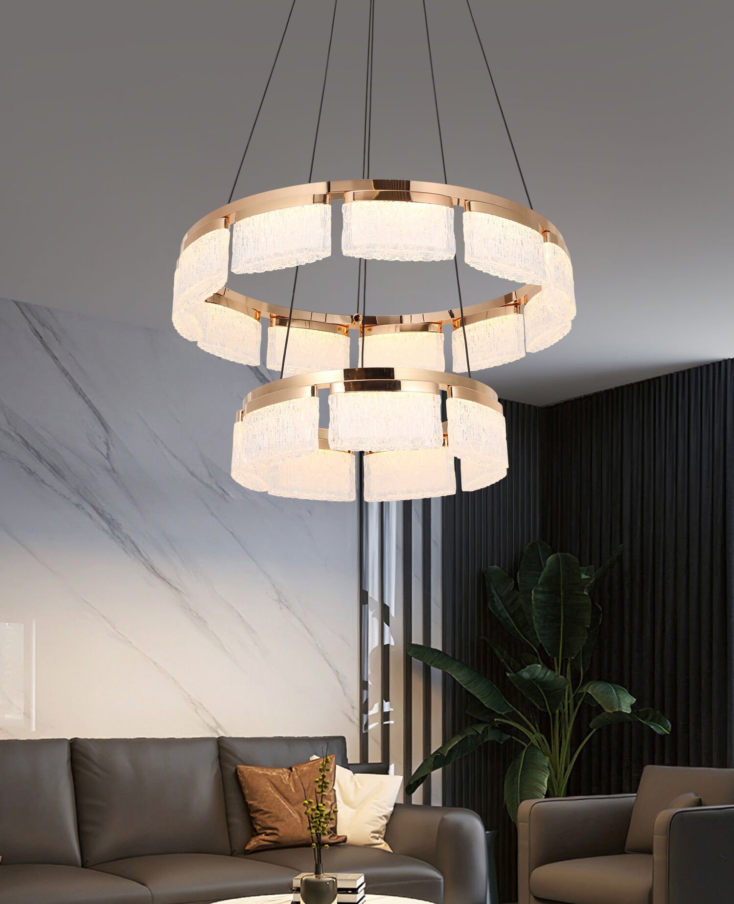 Rosae 2 Katlı Gold Krisatal Yuvarlak Sarkıt Salon Led Avize