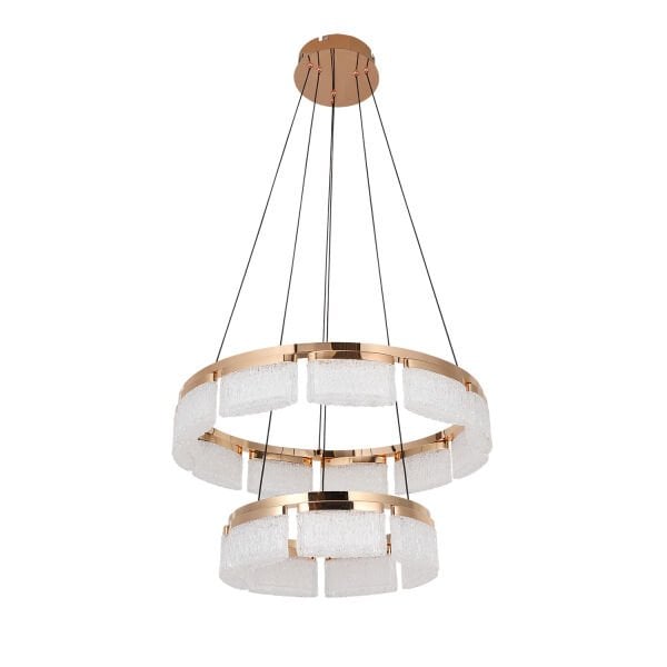 Rosae 2 Katlı Gold Krisatal Yuvarlak Sarkıt Salon Led Avize