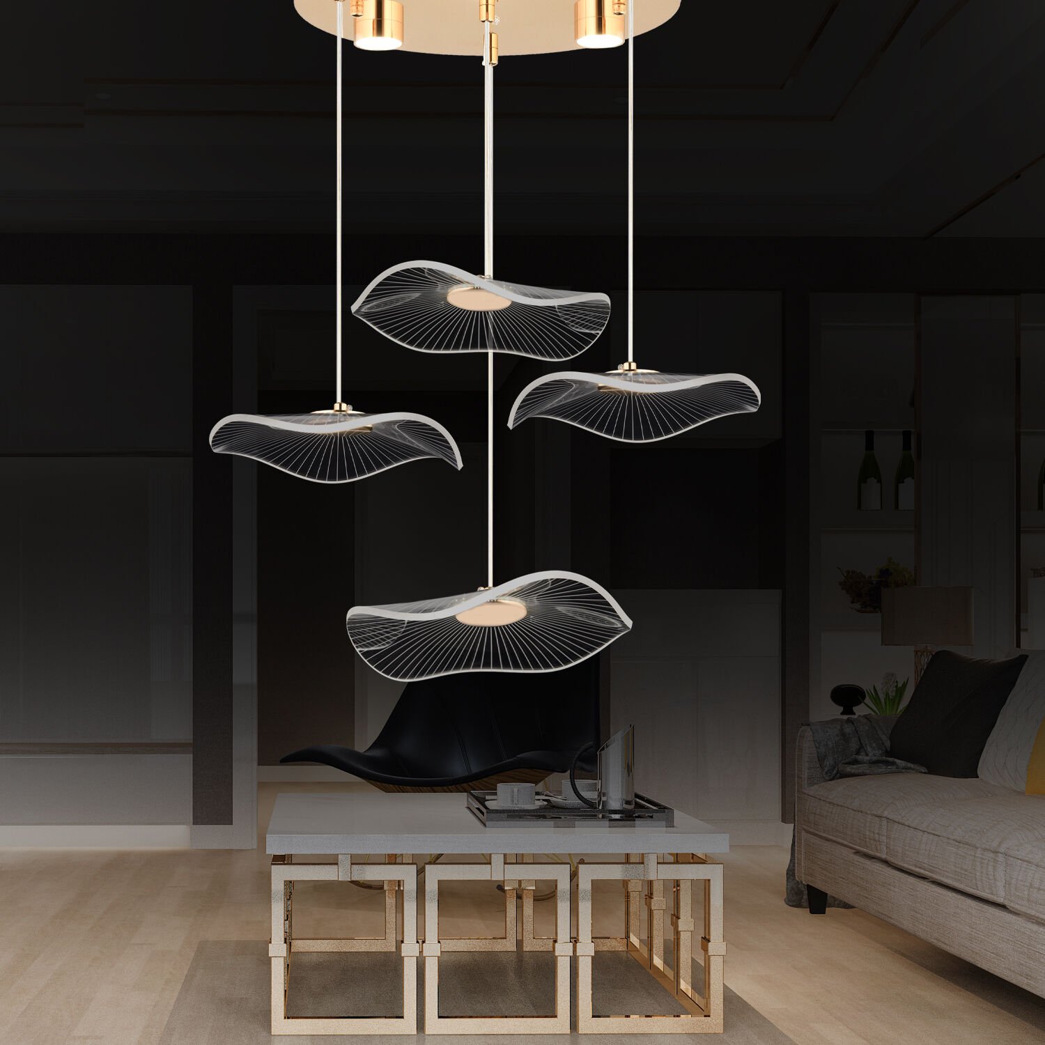 Jolie 4'lü Yuvarlak 3 Renkli 39 Watt Gold Kristal Ledli Modern Oturma Odası Salon Sarkıt Avize