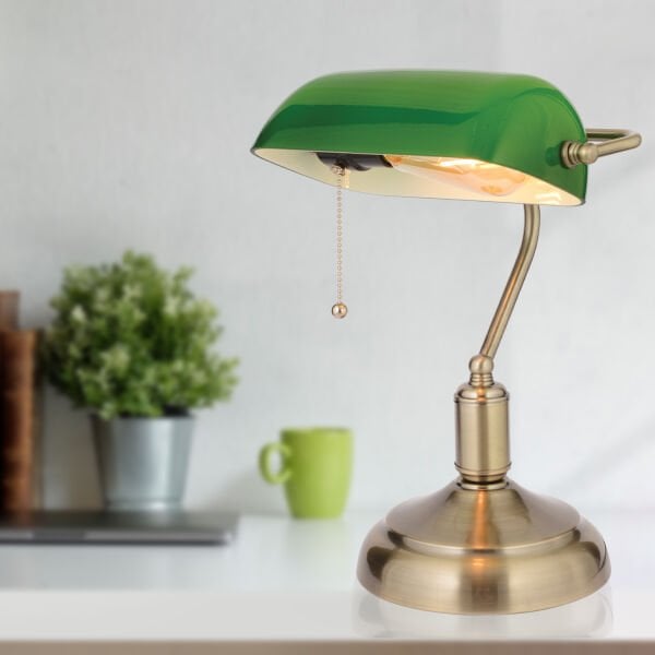 Banker Eskitme Gerçek Cam Başlıklı Modern Çalışma Masa Lambası