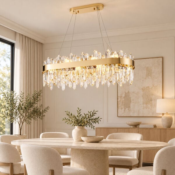 Linfred Yemek Masası Üstü Sıralı Gold Kristal Taşlı Modern Salon Avize