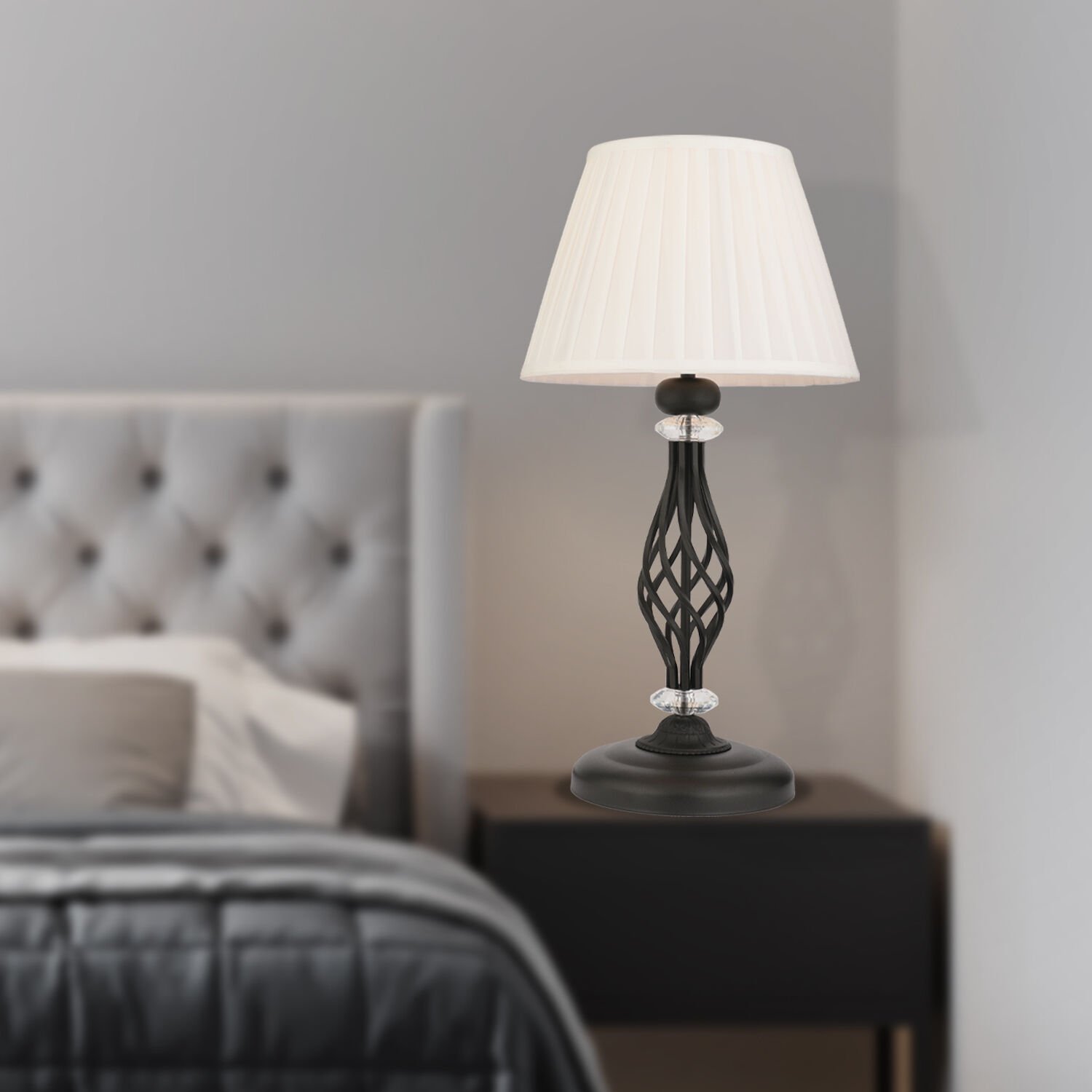 Merina Siyah Kristal Taşlı Beyaz Şapkalı Dekoratif Yatak Odası-Salon Retro Abajur