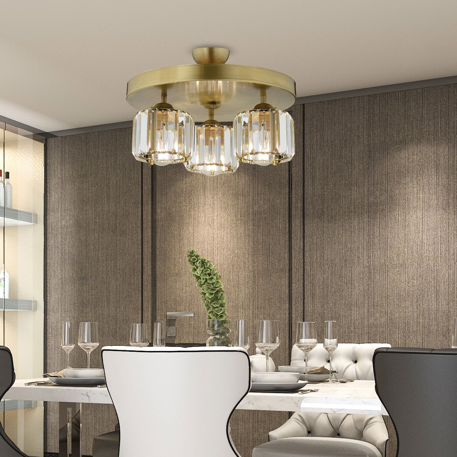 Sabrina 3 Lü Yuvarlak Eskitme Plafonyer Kristalli Taşlı Modern Tasarım Kristal Salon Avize