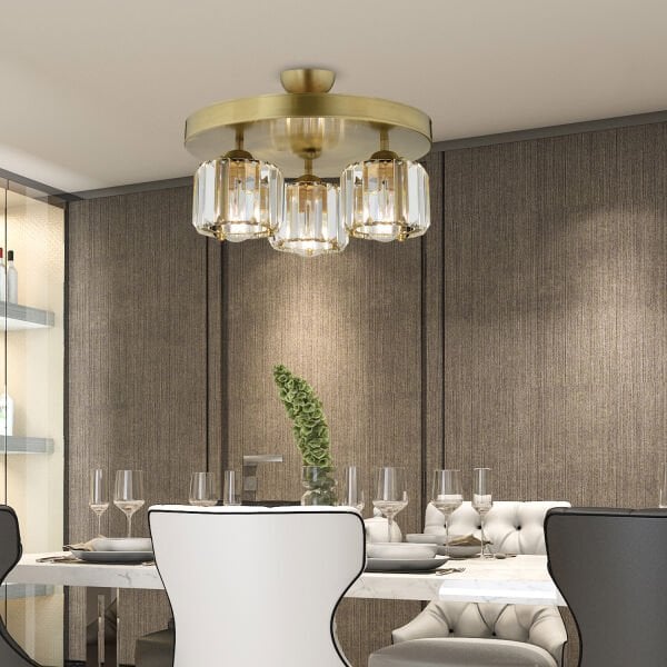 Sabrina 3 Lü Yuvarlak Eskitme Plafonyer Kristalli Taşlı Modern Tasarım Kristal Salon Avize