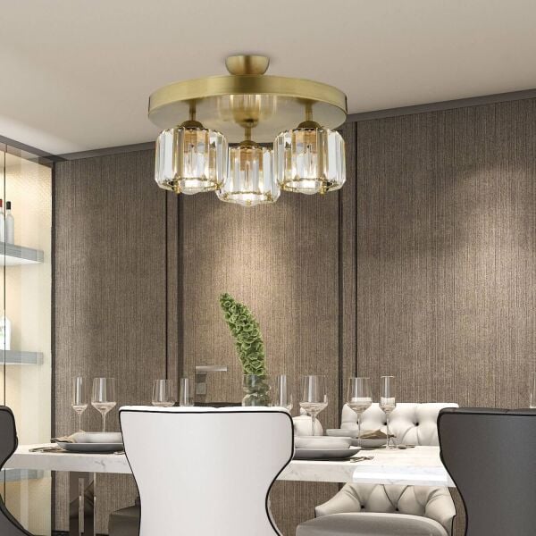 Sabrina 3 Lü Yuvarlak Eskitme Plafonyer Kristalli Taşlı Modern Tasarım Kristal Salon Avize