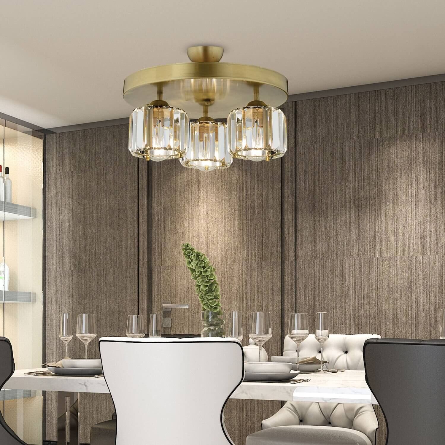Sabrina 3 Lü Yuvarlak Eskitme Plafonyer Kristalli Taşlı Modern Tasarım Kristal Salon Avize
