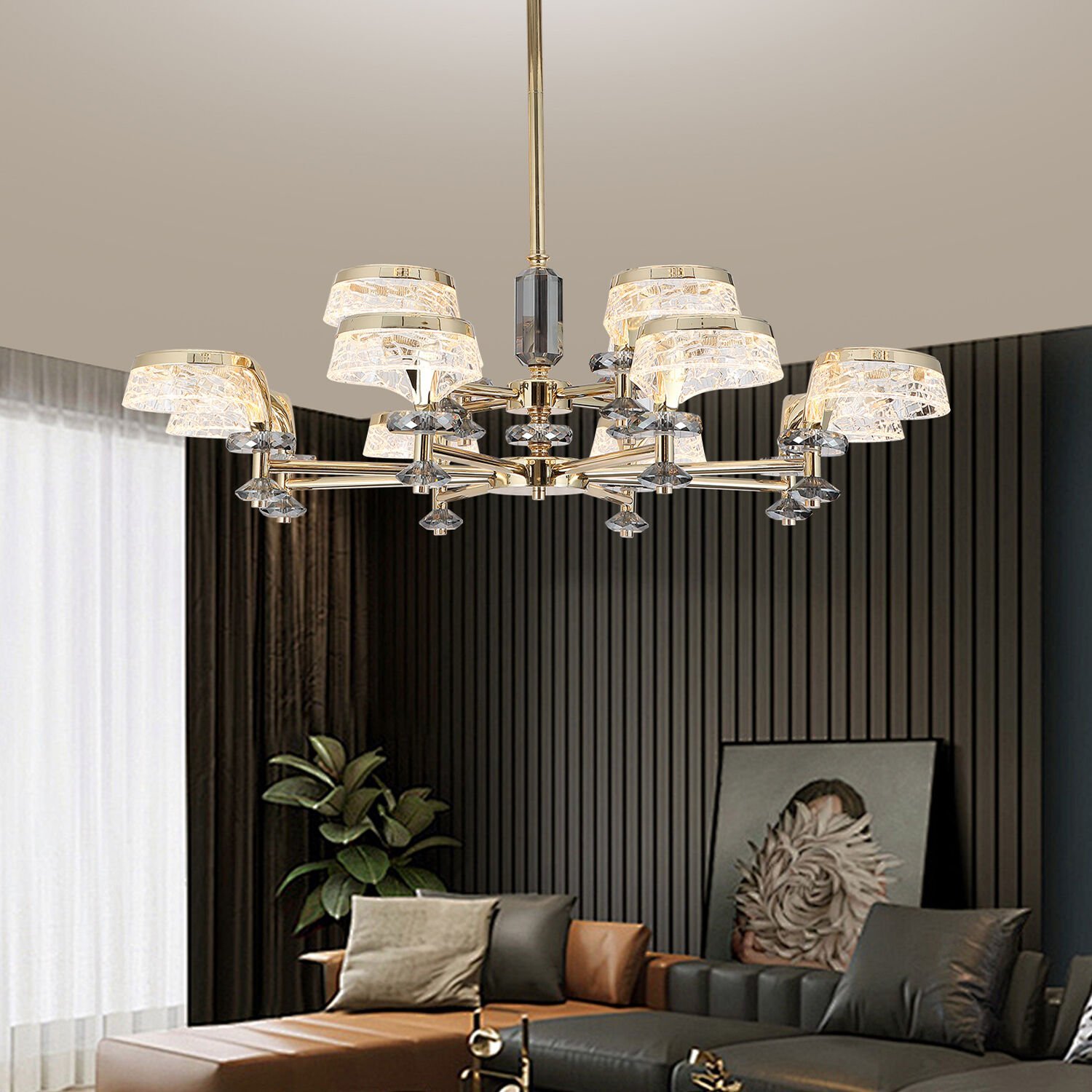 Ekerd 12'li Gold 100 Watt Yuvarlak Kristalli Modern Sarkıt Salon Led Avize