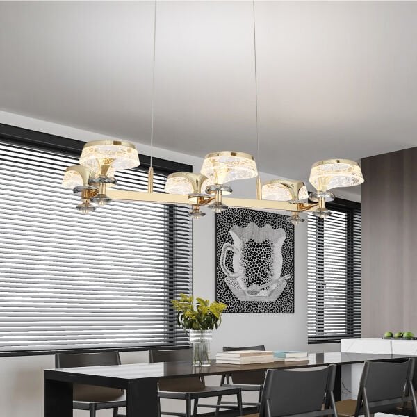 Ekerd 6'lı Gold 100 Watt Sıralı Yemek Masası Üstü Kristalli Modern Sarkıt Salon Led Avize