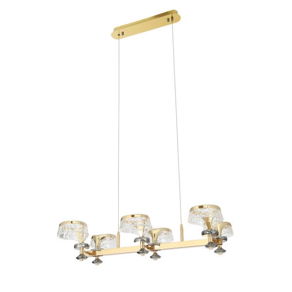 Ekerd 6'lı Gold 100 Watt Sıralı Yemek Masası Üstü Kristalli Modern Sarkıt Salon Led Avize