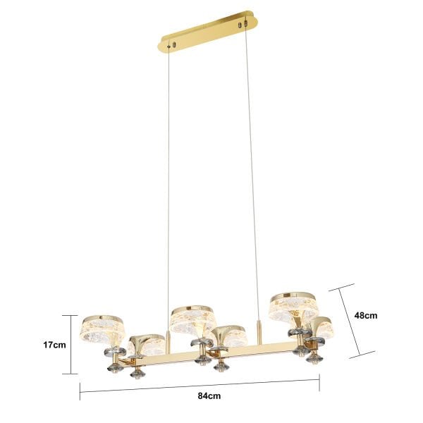 Ekerd 6'lı Gold 100 Watt Sıralı Yemek Masası Üstü Kristalli Modern Sarkıt Salon Led Avize