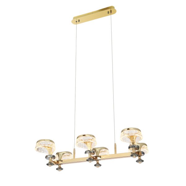 Ekerd 6'lı Gold 100 Watt Sıralı Yemek Masası Üstü Kristalli Modern Sarkıt Salon Led Avize