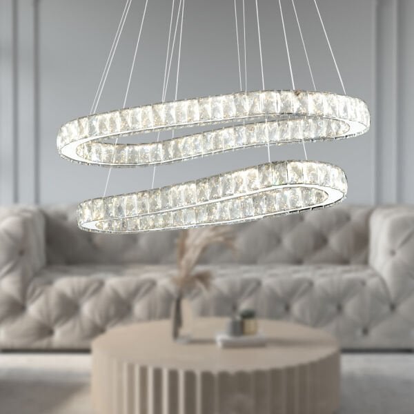 VALERİA KROM 2 KATLI KRİSTAL TAŞLI LED AVİZE