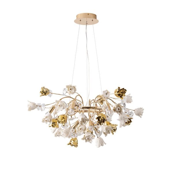 Faxon 9'lu Gold Çiçek Desenli Modern Yuvarlak Sarkıt Salon Avize