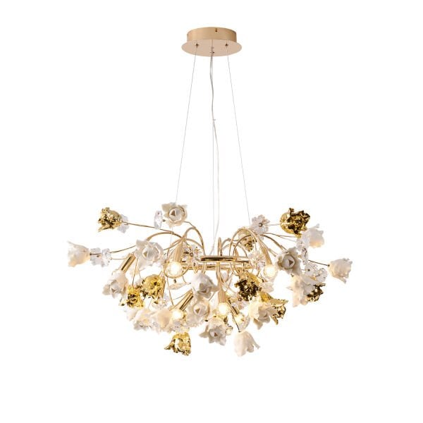 Faxon 9'lu Gold Çiçek Desenli Modern Yuvarlak Sarkıt Salon Avize