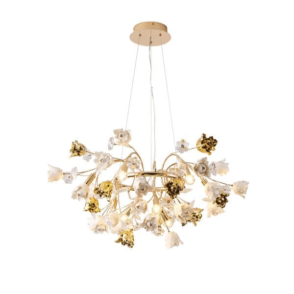 Faxon 9'lu Gold Çiçek Desenli Modern Yuvarlak Sarkıt Salon Avize